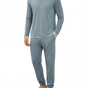 Jahetuul Pijama Hombre Invierno Algodón Manga Larga con Cuello Redondo Diseño de Escote con Efecto de Capas Conjunto de Dormir Color Liso Cómodo para Casa