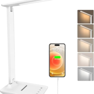 joyshie lámpara Led Escritorio, Flexo de Escritorio con luz nocturna, lampara de escritorio con control táctil, Puerto de carga USB, 5 niveles de luminosidad 5 modos (blanco)