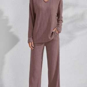 Conjunto de descanso de 2 piezas para mujer, con textura acanalada, manga larga, cuello en V y pantalones de pierna recta a juego, cómodo de llevar, Marrón, XL