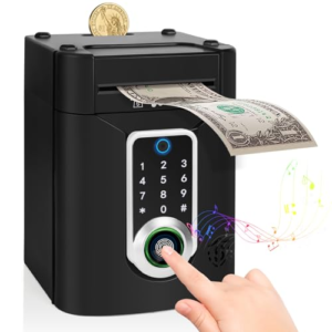 Highttoy Hucha Electrónica Niños con Pantalla Táctil y Huella Dactilar, Hucha Cajero Automatico Caja Fuerte Regalos para Niños Niñas 3-12 Años, Negro