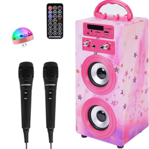 Karaoke Portátil DYNASONIC (025-15 luz) Maquina de Karaoke con 2 Micrófonos, Altavoz Bluetooth, Luz USB incluida, Lector USB y SD, diseño Exclusivo, Regalo Original
