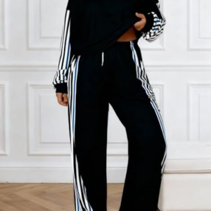Conjunto deportivo de 2 piezas para mujer, pantalones de pierna ancha a rayas, camisas básicas, trajes casuales, Negro, M