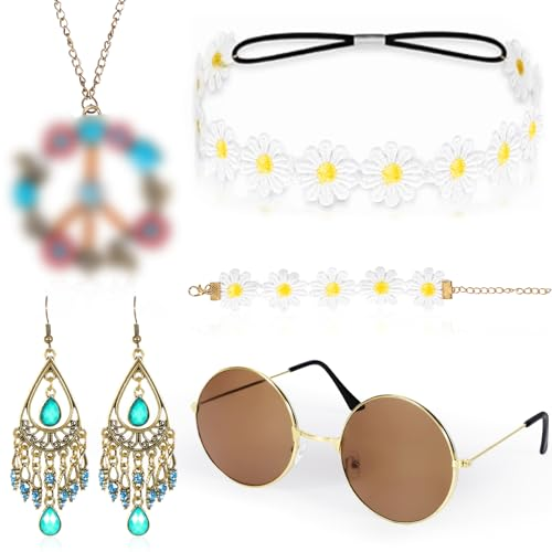 KDISHKRA Juego de Disfraz Hippie de 5 Piezas, Accesorios Retro Estilo Años 60 y 70, Accesorios de Disfraz de Hippie - Diadema de Margaritas, Gafas hippie, Collar con signo de paz, Aretes, Pulseras