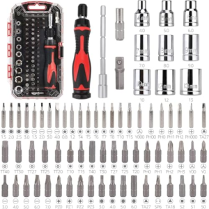 Amazon Basics Juego de magnético destornillador de precisión electrónico y carraca de 73 Unidad, magnético, Negro, Rojo, Plateado