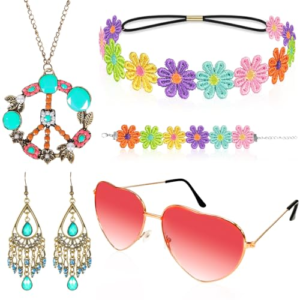 6 Piezas Accesorios Hippie Mujer, Accesorios Hippie Retro Estilo Años 60 Y 70, Con El Signo De La Paz Collar Y Pendientes,Gafas De Sol, Collar Y Diadema Colorida De Girasol,Para Fiesta De Carnaval