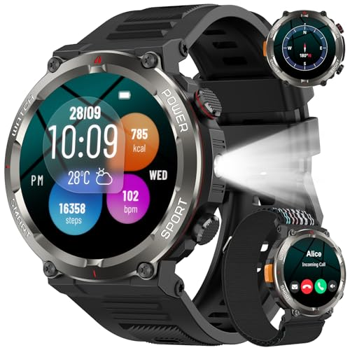 Baolubao Reloj Inteligente Hombre, 1.45" Smartwatch Hombre con Linterna y Brújula, Smartwatch con Llamadas Bluetooth, 120+ Modos Deportivos, 2 Correas, Podómetro, Pulsera Actividad Impermeable IP68