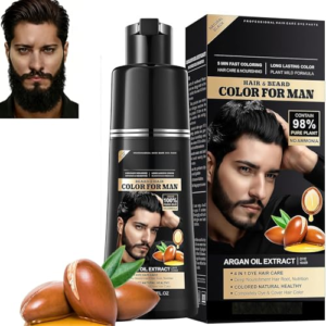 Negro Tinte Pelo Hombre 4 en 1 Champú Colorante con Aceite de Argán,Champú Anticanas Suave para Barba y Cabello
