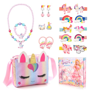 KDISHKRA 20 Piezas Unicornio Joyas Set, Regalos de Unicornio para niñas, Conjunto de Bolso y Joyería con Collar de Unicornio Pulsera Pendientes Anillo Horquillas Coleteros, Regalo para Niñas 3-9 Años