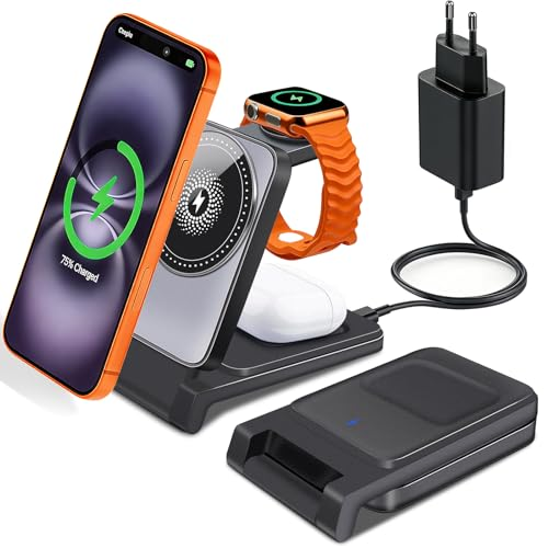 KDISHKRA Cargador inalámbrico magnético 3 en 1, Portátil Plegable Base Cargador inductivo, Estación de Carga para iPhone 17/16/15/14/13/12/Plus/Pro MAX AirPods Apple Watch Ultra (Negro)