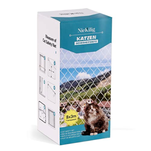 NieKilig 8x3m Red para Gatos Terraza de sin Taladro, Red Gatos Ventanas Seguridad Transparente para Redes Protección Malla Gatos para Balcones, Ventanas, Tragaluces y Puertas