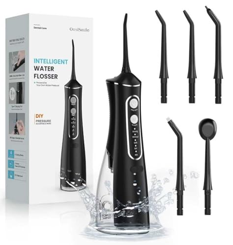 Irrigador Dental Portátil con 5 Boquillas, 4 Modos, Tecnología DIY de Autoajuste, Irrigador Bucal Inalámbrico Profesional con Depósito de 300 ML, Irrigador Dental para Viajes y Hogar, Impermeable IPX7
