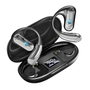 Paekole Auriculares Inalámbricos Bluetooth 5.4 Open Ear, 80H Cascos Deportivos 2026 con Pantalla LED, Gancho Flexible No Intraural, IPX7 Impermeable, Cancelación de Ruido ENC (Negro)