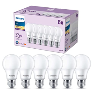 Philips - Bombilla LED clásica mate 4.9W (Eq. 40W) 470 lúmenes, casquillo E27, Luz Cálida (2700K) - Pack de 6 Bombillas