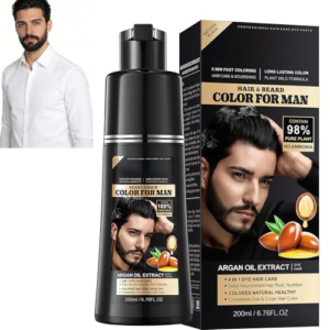 Negro Tinte Pelo Hombre,3 en 1 Champú Tinte Negro para Hombre con Aceite de Argán,Champú Anticanas Suave para Barba y Cabello
