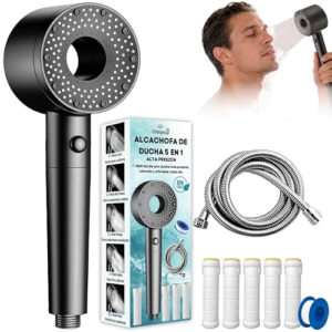 CompaSJ - Alcachofa de ducha con Filtro - Cabezal de Ducha de Alta Presión con Manguera 1,5 M - 5 Filtros Antical + PTFE - 5 Modos de Rociado, Mejora la Calidad del Agua, Ahorro de Agua - Libre de BPA