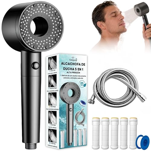 CompaSJ - Alcachofa de ducha con Filtro - Cabezal de Ducha de Alta Presión con Manguera 1,5 M - 5 Filtros Antical + PTFE - 5 Modos de Rociado, Mejora la Calidad del Agua, Ahorro de Agua - Libre de BPA