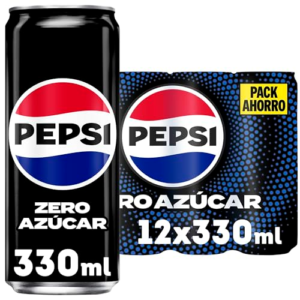 Pepsi zero Refresco de cola con cero azúcar y cero calorías, pack de 12 latas de 330 ml, 3.96 litros en total