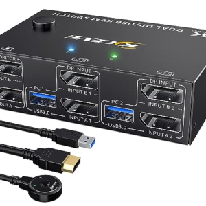 8K Displayport KVM Switch 2 monitores 8K@30Hz 4K@144Hz, Dual Monitor KVM Switch Para 2 Ordenadores Que Comparten 2 Monitores y 4 Dispositivos USB 3.0, con control remoto y cable KVM