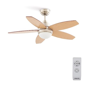CREATE / WINDFLOWOOD/Ventilador de techo con luz níquel aspas madera natural con mando / 60W, Aspas reversibles, Ø107cm, 3 velocidades, 3 temperaturas de luz, función verano-invierno, 60W