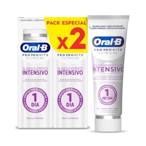 Oral-B Pro 3D White Clinical Blanqueamiento Intensivo Pasta De Dientes Blanqueadora, Elimina Las Manchas Superficiales, Dentífrico Blanqueante Con Sabor a Menta Siempreverde, 75 ml (Paquete de 2)