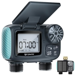 Programador de Riego Solar CyberOrd de 2 Zonas, Temporizador de Riego con Carga Solar, Sistema de Riego Automático con Modos Automático/Manual/Retraso por Lluvia para Césped/Ppatio/Jardín