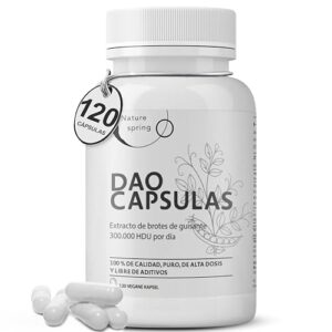 DAO Cápsulas – 120 Cápsulas con Diamina Oxidasa (DAO) de Brotes de Guisante – Enzima DAO Alta Actividad – Hasta 300.000 HDU por Dosis Diaria – DAO Complex