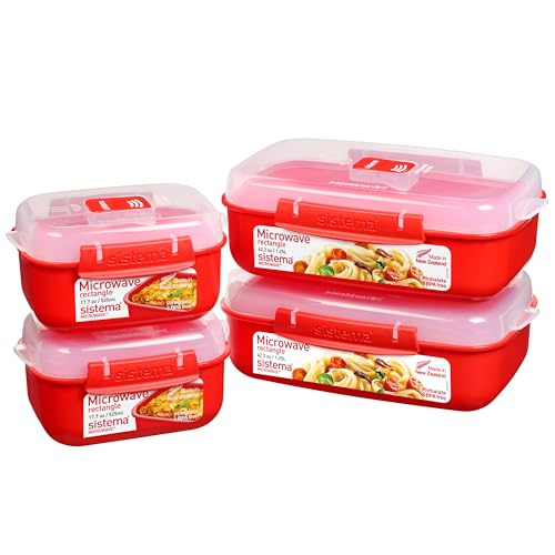 Sistema Heat and Eat microondas juego | 4 recipientes rectangulares con tapas para alimentos (2 de 1,25 l + 2 de 525 ml) | Clips de cierre y sistemas de ventilación del vapor | Sin BPA