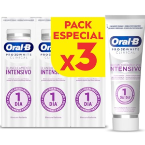 Oral-B Pro 3D White Clinical Blanqueamiento Intensivo Pasta De Dientes Blanqueadora, Elimina Las Manchas Superficiales, Dentífrico Blanqueante Con Sabor a Menta Siempreverde, 75 ml (Paquete de 3)