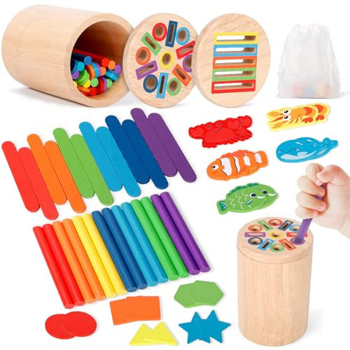 GRIRDDIV Juguetes Niños 1 2 3 Años, 4 en 1 Juguetes de Madera para Actividades y Desarrollo Montessori, Juegos Educativos Niños 1-3 Años con Bolsa de Almacenamiento, Desarrollo Motor Fino