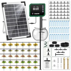 AnseTo Sistema de Riego por Goteo Solar,8W Programador Riego,Kit Sistema de riego Automático con Temporizador Integrado,Manguera de 35 m y 30 Goteros para Jardines, Macetase Invernaderos