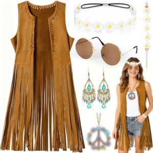 TEWWCEO Disfraz Hippie Mujer, Disfraz Hippie Adulto años 60 70, Conjunto de Chaleco con Flecos, Estilo Boho, Hippie Accesorios para Carnaval, Fiesta, Halloween, Cosplay, Disco (M)