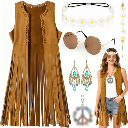 TEWWCEO Disfraz Hippie Mujer, Disfraz Hippie Adulto años 60 70, Conjunto de Chaleco con Flecos, Estilo Boho, Hippie Accesorios para Carnaval, Fiesta, Halloween, Cosplay, Disco (M)