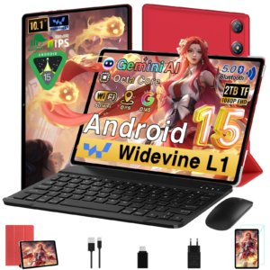 UJJ Tablet Android 15 10 Pulgadas Gemini AI con 64GB ROM + 2TB TF, Octa-Core, 5G WiFi, Widevine L1, GMS, Bluetooth 5.0, 5MP + 8MP, 3.5mm Audio, 1280 * 800 FHD IPS, Tablet con Teclado y Ratón - Rojo