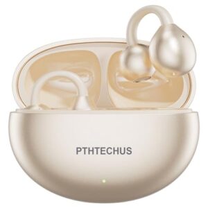 PTHTECHUS Audífonos Inalámbricos Bluetooth de Clip, Audífonos Deportivos 12mm Diafragmas con ENC, 30H Reproducción, IPX5, Compatibles con iOS Android 5.4 Open-Ear, Llamadas nítidas (Oro Brillante)