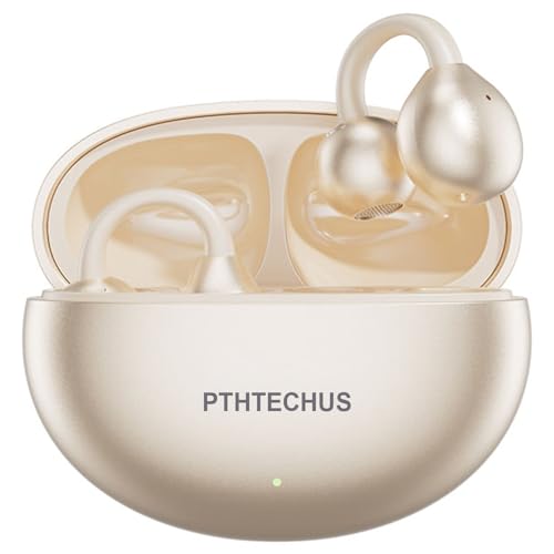 PTHTECHUS Audífonos Inalámbricos Bluetooth de Clip, Audífonos Deportivos 12mm Diafragmas con ENC, 30H Reproducción, IPX5, Compatibles con iOS Android 5.4 Open-Ear, Llamadas nítidas (Oro Brillante)