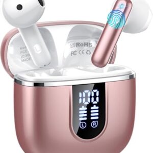 Auriculares Inalambricos Bluetooth 5.4, Auriculares Bluetooth con 4 Mic ENC Reducción de Ruido, 40H Cascos Inalambricos Bluetooth con HiFi Estéreo, Pantalla LED, IP7 Impermeable Audifonos USB-C Rosa