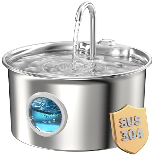 Fuente para Gatos Acero Inoxidable: Bebedero Gatos Automatico INOX - 2.6L Fuente Gato Metalico con Ventana de Nivel de Agua - Dispensador Agua Perro Eléctricas Ultra Silencioso - Filtración Multicapa