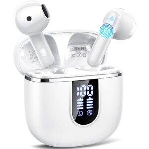 Auriculares Inalambricos Bluetooth 5.4, Auriculares Bluetooth con 4 Mic ENC Reducción de Ruido, 40H Cascos Inalambricos Bluetooth con HiFi Estéreo, Pantalla LED, IP7 Impermeable Audifonos USB-C Blanco