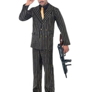 Smiffys Disfraz de gánster de raya diplomática dorada, con chaqueta, pantalones, pechera de camisa y corbata Halloween, Carnaval
