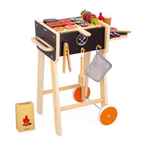 Janod - Barbacoa de Madera - Juguete de Imitación Cocina y Vajilla Infantil - 57 Accesorios incluidos - 2 Ruedas Silenciosas - A Partir de 3 Años, J06619