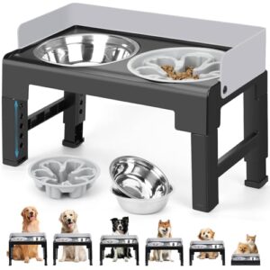 Zivacate Comedero Perro Elevado de 6 Alturas Ajustables y Reclinable, 2 comederos de Acero Inoxidable, 1 comedero de alimentación Lenta, Comederos Elevados para Perros Pequeños, Medianos y Grandes