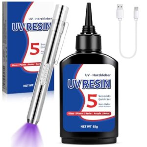 GRIRDDIV Kit Resina UV 60g con Linterna 395nm, Curado Rápido de 5 Segundos, Adhesivo de Pegamento UV de Soldadura, Resina UV Transparente para Joyeria, Reparación de Vidrio＆Plástico, Acrylic, DIY