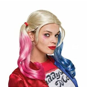 Peluca oficial de Harley Quinn del Escuadrón Suicida de Rubies para adultos: coletas rubias con puntas rosas y azules para Halloween.