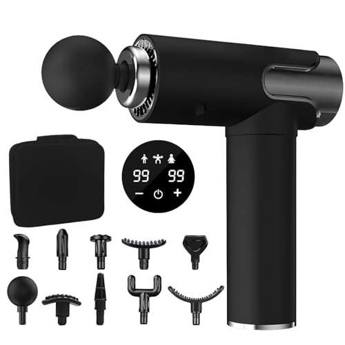 GRIRDDIV Pistola de Masaje Muscular, Masajeador Cervical y Espalda, Masajeador Muscular Profundo con 99 Velocidades, 10 Cabezales y Pantalla LED, Regalo para Hombre, Mujer, Papá y Mamá