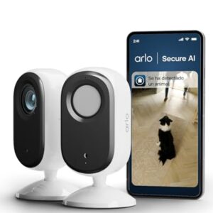 Arlo Essential 3 Indoor Camara Vigilancia Bebe/Mascotas HD, Sensor de Movimiento, Alarmas para Casa, Visión Nocturna, Prueba Secure Incluida, con Cubierta de Lente automática, 2 Cámaras, Blancas