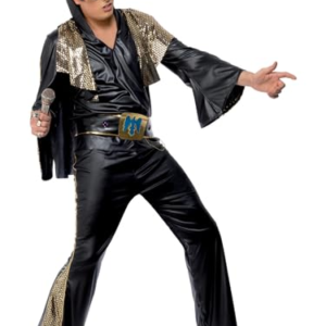 Smiffys Disfraz de Elvis, Negro y dorado, con camisa, pantalón, capa y cinturón Halloween, Carnaval