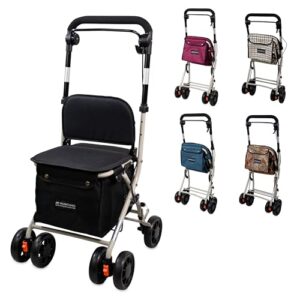 Mobiclinic®, Andador Plegable, Carro de la Compra con Asiento, Coliseo, Monomando, Acero, Gran Cesta, Respaldo y Acolchado, Sistema Frenado, Ruedas 360º, Negro