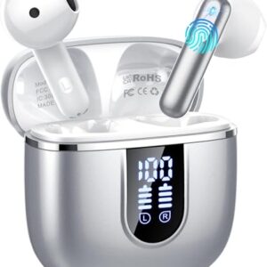 Auriculares Inalambricos Bluetooth 5.4, Auriculares Bluetooth con 4 Mic ENC Reducción de Ruido, 40H Cascos Inalambricos Bluetooth con HiFi Estéreo, Pantalla LED, IP7 Impermeable Audifonos USB-C Plata