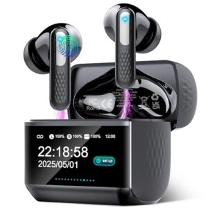 AI Auriculares Traductor en Tiempo Real con Pantalla Táctil LED, 3 en 1 Auriculares Traductores de Idiomas, 6 Modos Traducción con 164 Idiomas, Reducción de Ruido ANC+ENC, 5 Modos EQ, 48H, Negro