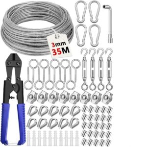 MWZEAUL 35m Cable Acero Alambre Plastificado,74pcs Kit de Cable Acero 3mm con Corta Cables,Tensor Cable Acero,para Cuerda Tendedero Exterior,Cable Cortina,Soporte Planta,Toldos,Plantas Trepadoras